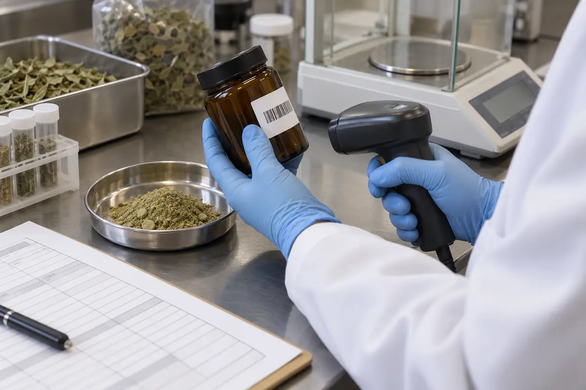 实验室人员核对植物原料批次标签并进行身份追溯