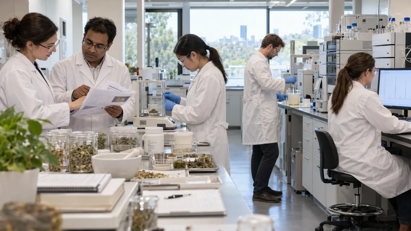 科研团队在真实实验室中完成证据复核、原料称量、配方制备与色谱分析